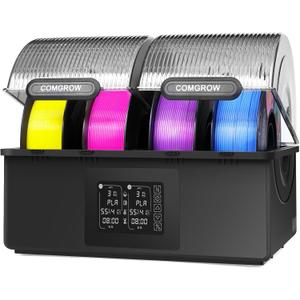 Comgrow Filament Dryer 4 Spools, SH03 Filament Storage Box | 200W PTC Heats Up to 85°C, Fast Drying Auto Dehumiditification Dual Independent Heating Chambers for PLA PETG ABS 1.75/2.85mm (Black & Transparent Gray, Polylactic Acid)