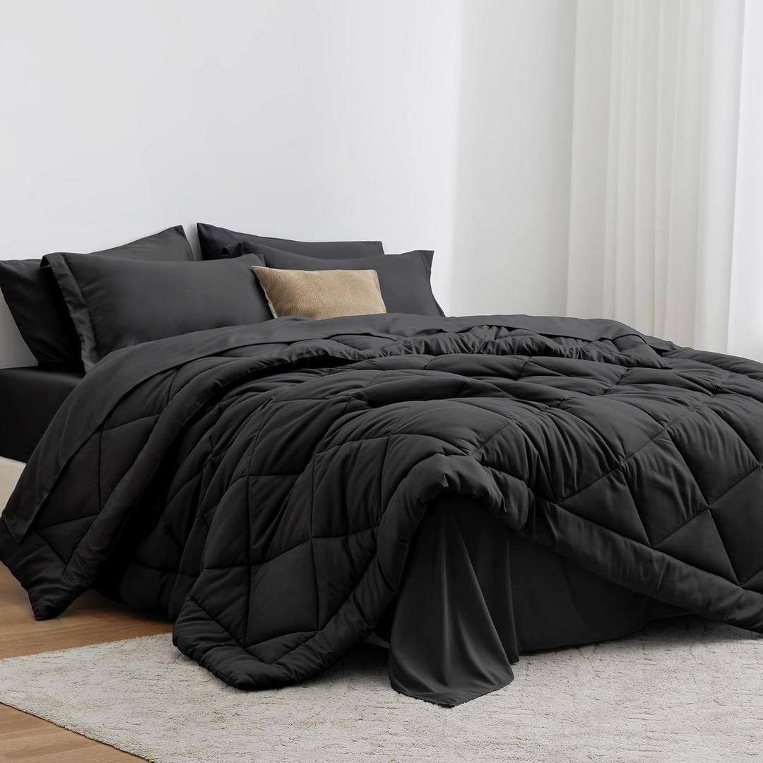 Love's cabin Twin Comforter Set Black, 5 Pieces Twin Bed in a Bag, All Season Bedding Sets with 1 Comforter, 1 Flat Sheet, 1 Fitted Sheet, 1 Pillowcase and 1 Pillow Sham | Soft, Breathable, Lightweight, Comfortable