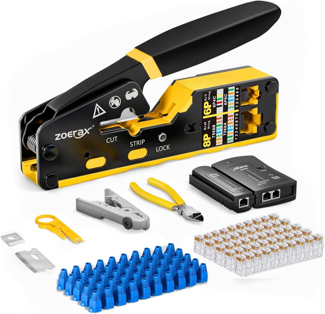 Ethernet Crimping Tool Kit RJ45 Crimp Tools,CAT5 Cat5e Cat6 RJ45 Crimping Tool Kit With Cable Tester, Multiply Stripper, Blades,50Pcs Cat 6 Pass Through Connectors and Strain Relief Boots