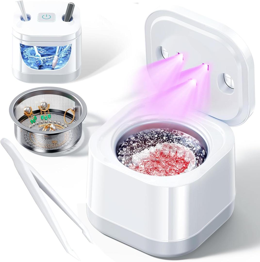 Ultrasonic Retainer Cleaner Machine - Ultrasonic U-V Cleaner for Dentures ligner, Mouth Guards, Braces, Toothbrush Heads, 45kHz Ultrasonic Retainer Cleaner for All Dental Appliances, Jewelry (White)