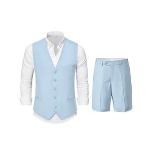 YND 2 Piece Men's Regular Fit Linen Waistcoat Shorts, Lightweight Vest Pants, Casual Wedding Beach Summer Prom Homecoming Outfit Sky Blue L