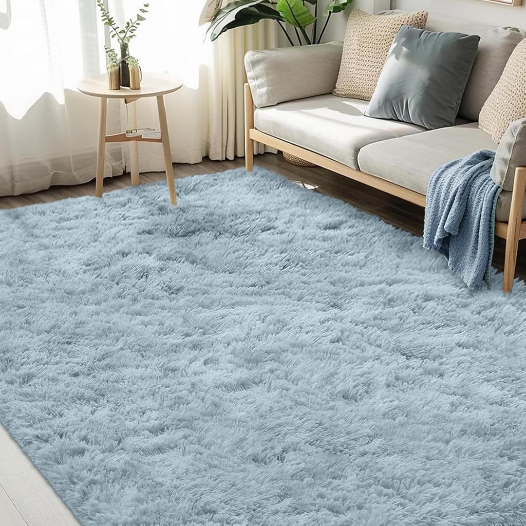 FVVRAX 5x8 ft Ultra Soft Shag Area Rug - Plush Fluffy Non-Shedding Carpet for Bedroom & Living Room, Modern Home Decor Bedside Rug for Kids Nursery Dorms, Easy Clean, Light Blue