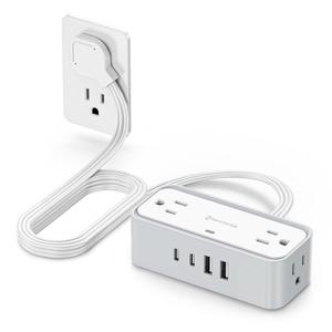 Surge Protector Power Strip, REALMADE 4 AC 4 USB Power Strip, Flat Plug Outlet Extender, 5Ft Extension Cord, Wall Mount Desk Charging for Home Office， White & Gray