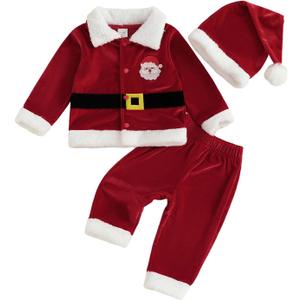 ZAXARRA Baby Christmas Clothes Boys Girls Santa Jacket Velvet Outwear Coat Long Pants with Hat Baby Santa Costume (12-18 Months)