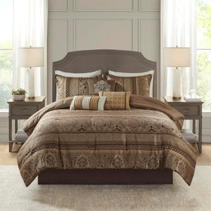 Madison Park Traditional Jacquard Damask Comforter Set, 7PC  Bed Set | All Season Down Alternative Bedding with Comforter, Shams, Bed Skirt, Decorative Pillows, Luxurious Bed in a Bag, Brown/Gold, Queen (Skirt And Pillows Only)