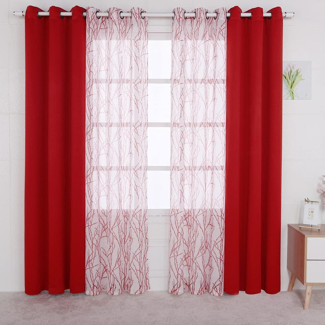 BONZER Mix and Match Curtains - 2 Pieces Branch Print Sheer Curtains and 2 Pieces Blackout Curtains for Bedroom Living Room Grommet Window Drapes, 37x63 Inch/Panel, Red, Set of 4 Panels BONZER Mix and Match Curtains - 2 Pieces Branch Print Sheer Curtains and 2 Pieces Blackout Curtains for Bedroom Living Room Grommet Window Drapes, 37x63 Inch/Panel, Red, Set of 4 Panels