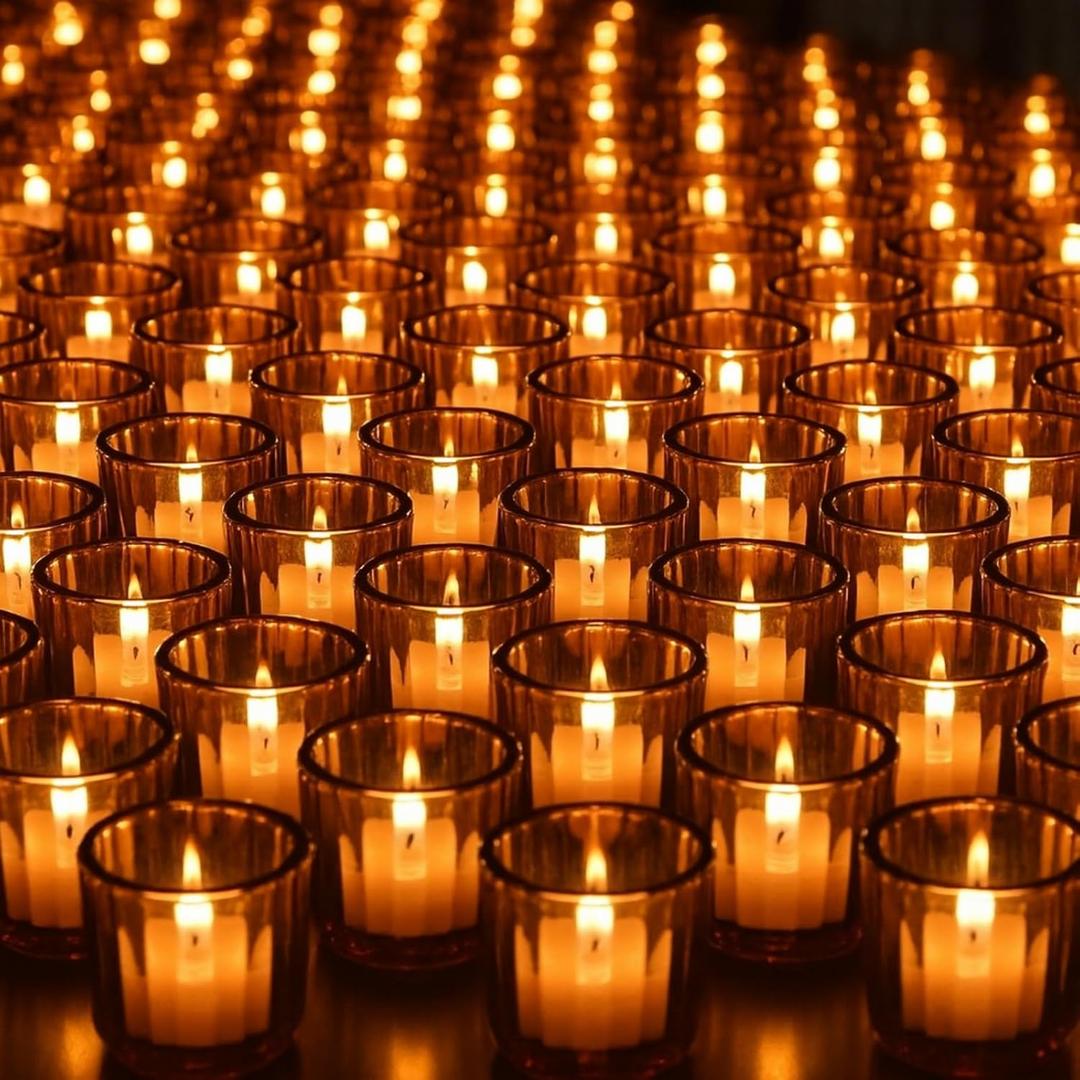 Mumufy 50 Pcs Glass Tealight Candle Holder Ribbed Votive Candle Holder for Centerpiece Wedding Proposal Spa Aromatherapy Meditation Home Decor (Amber)