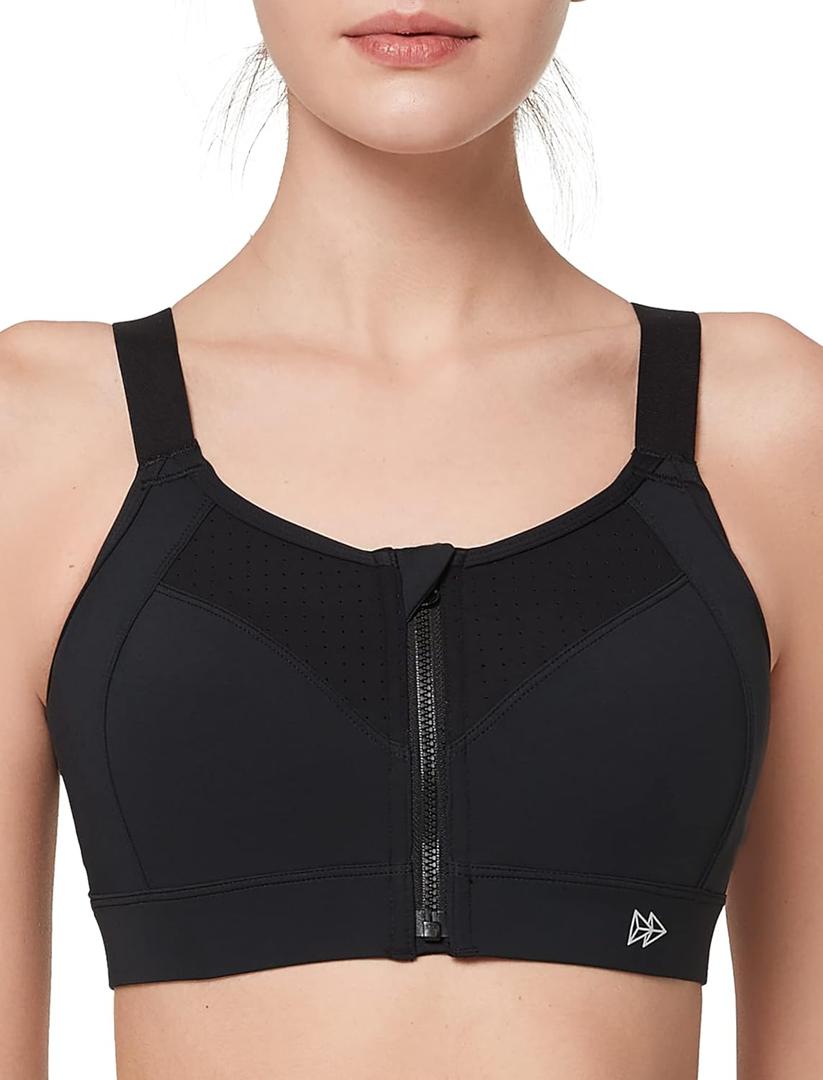 Yvette Adjustable Sports Bras for Women High Impact Support, Zip Front Sports Bra Plus Size Wireless for Running Workout Gym, M