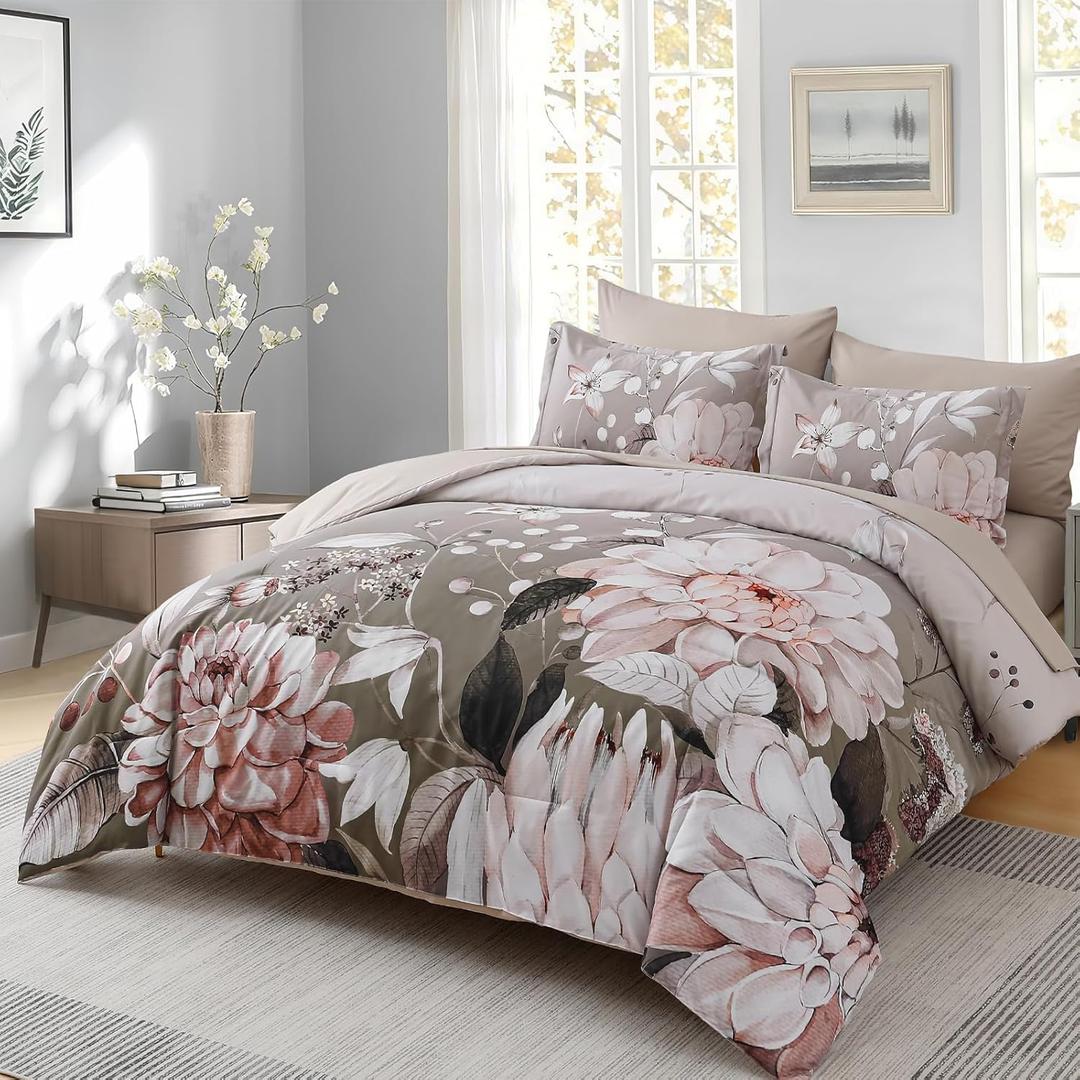 Drucon Brown Comforter Set King Size - 7 Pieces Floral Bedding Sets, Soft Botanical Flowers Comforter Bed in a Bag with Sheets, Pillowcases & Shams