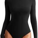 REORIA Womens Long Sleeve Bodysuits Fall Basic Round Neck Lightweight Double Lined Layering Slim Body Suit Tops, S