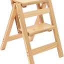 Folding Step Stool Step Ladder 2 Tier, Multi-Functional Folding Solid Wood Ladder Stool, Step Stool Household Muliti-Color Step Ladder Stool for Household and Office 330lbs,Natural,2step
