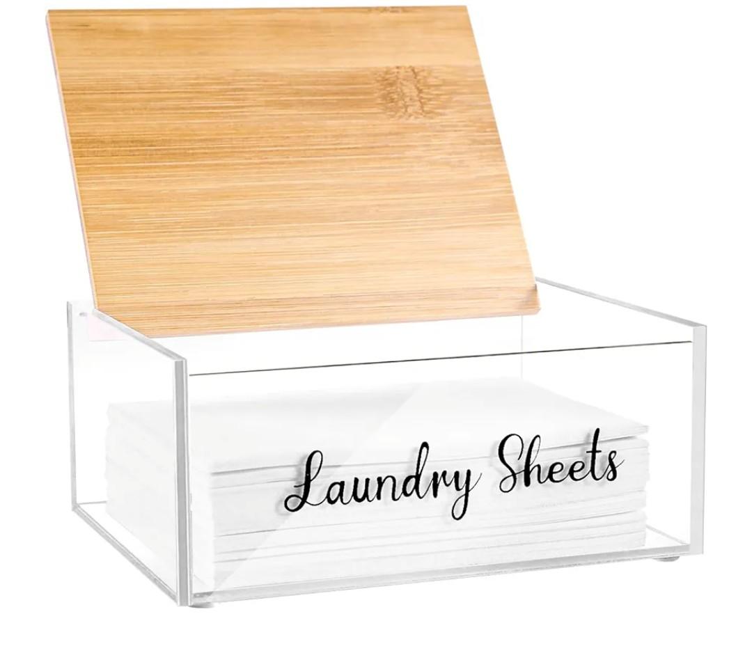 Acrylic Laundry Detergent Sheets Holder with Bamboo Lid, Laundry Soap Sheets Container Box Dispenser for Laundry Room