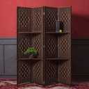 4 Panel Room Divider and Folding Screen Divider with Shelves, Panel Divider Screen with Removable Storage Shelves, Dark Brown,67" H x 51.2" W