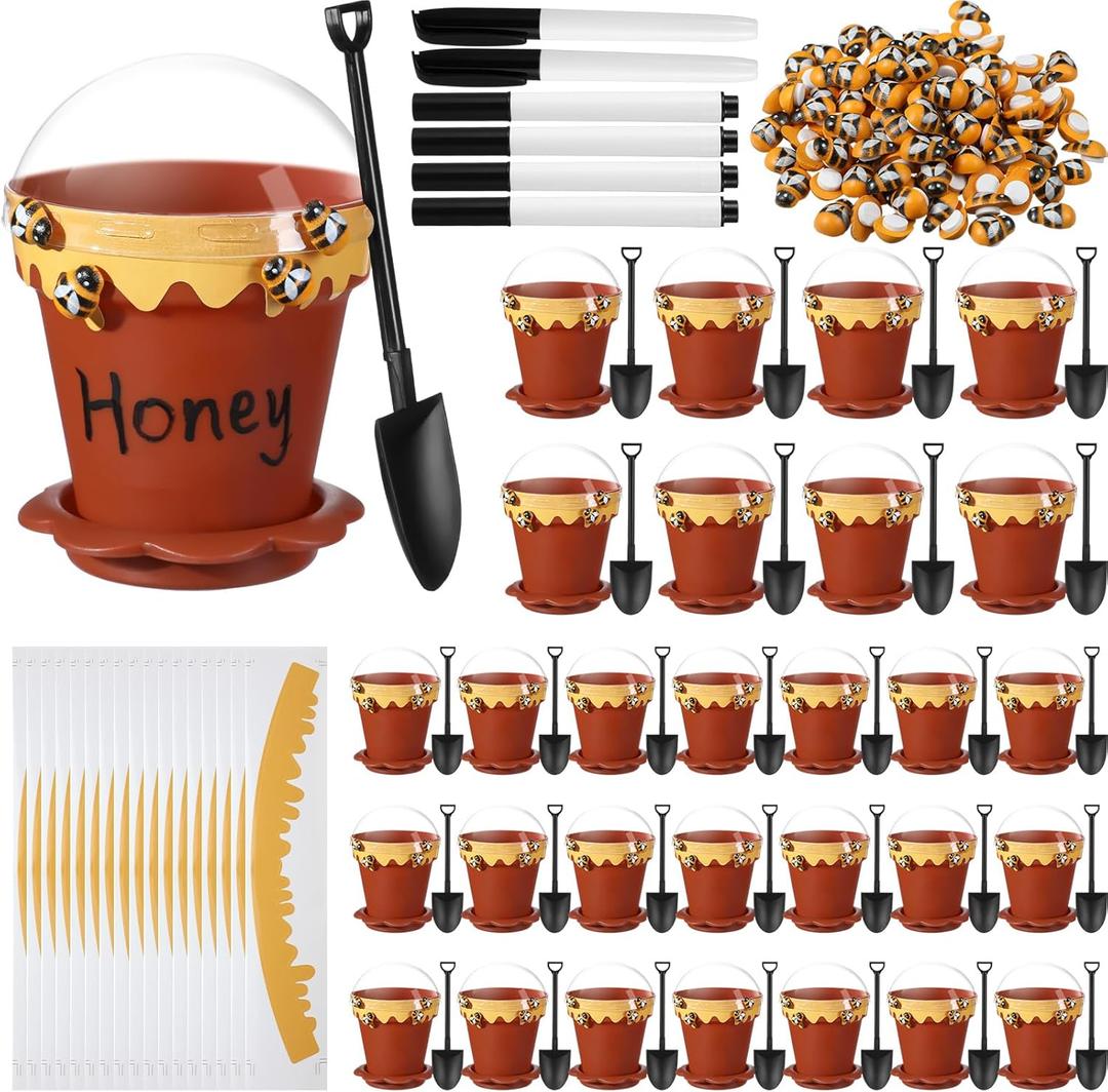 Jingmore 30 Sets Bee Honey Jars Party Favors Bulk, Mini Plastic Bee Theme Honey Jar Pots Decoration with Lids, Dippers and Saucers for DIY Cupcake Dessert Baby Shower Wedding Party Gift Set (Brown)