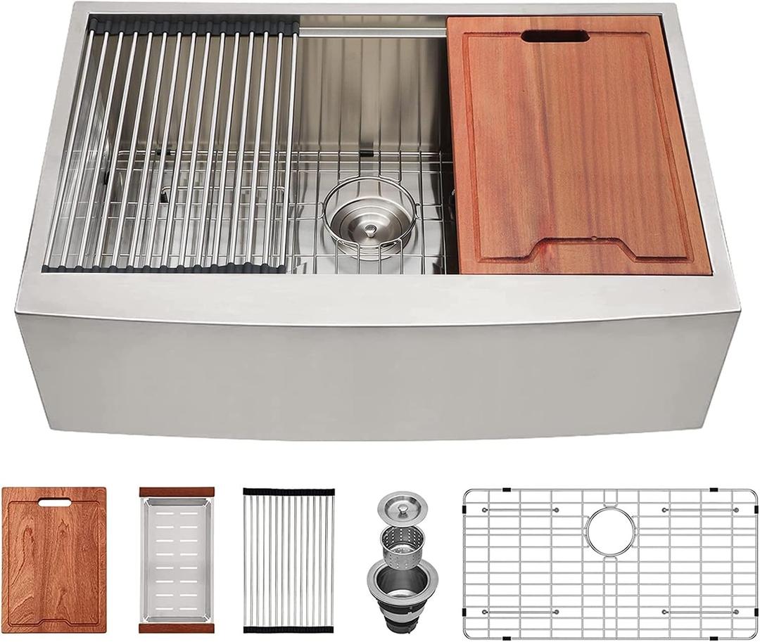 Lordear 33 Farmhouse Sink Stainless Steel Apron Front Ledge Workstation Deep Single Bowl 16 Gauge Stainless Steel Kitchen Farm Kitchen Sinks with Accessories, 9" Apron Height, 33x22 Inch