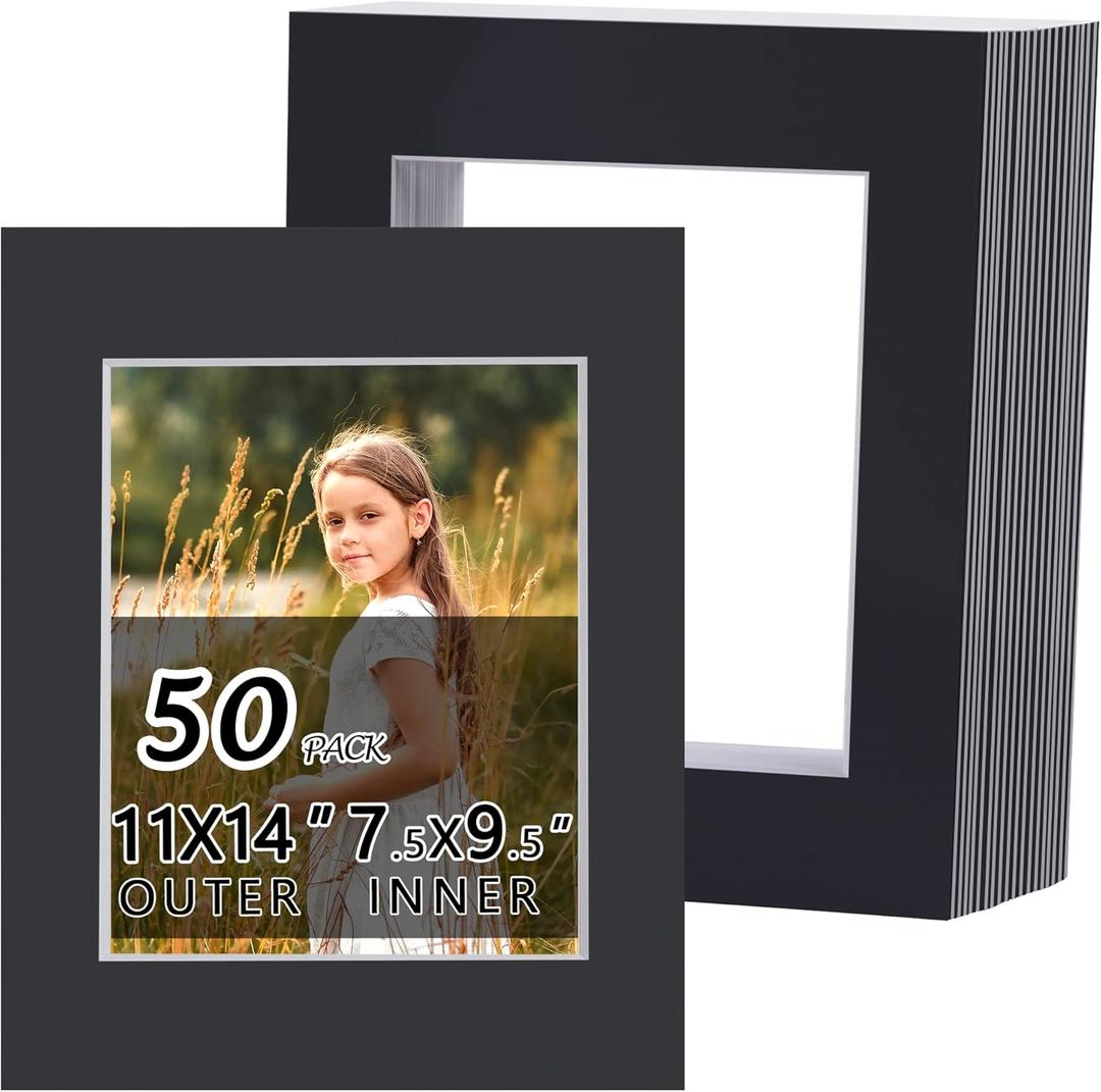 Falling in Art 50 Pack Black Acid Free Pre Cut Mats - 11x14 Picture Frame Mats for 8x10 Photos with White Core Bevel Cut Matting for Prints, Artwork, and DIY Projects (11" x 14" 50-PACK Pre-Cut Black)