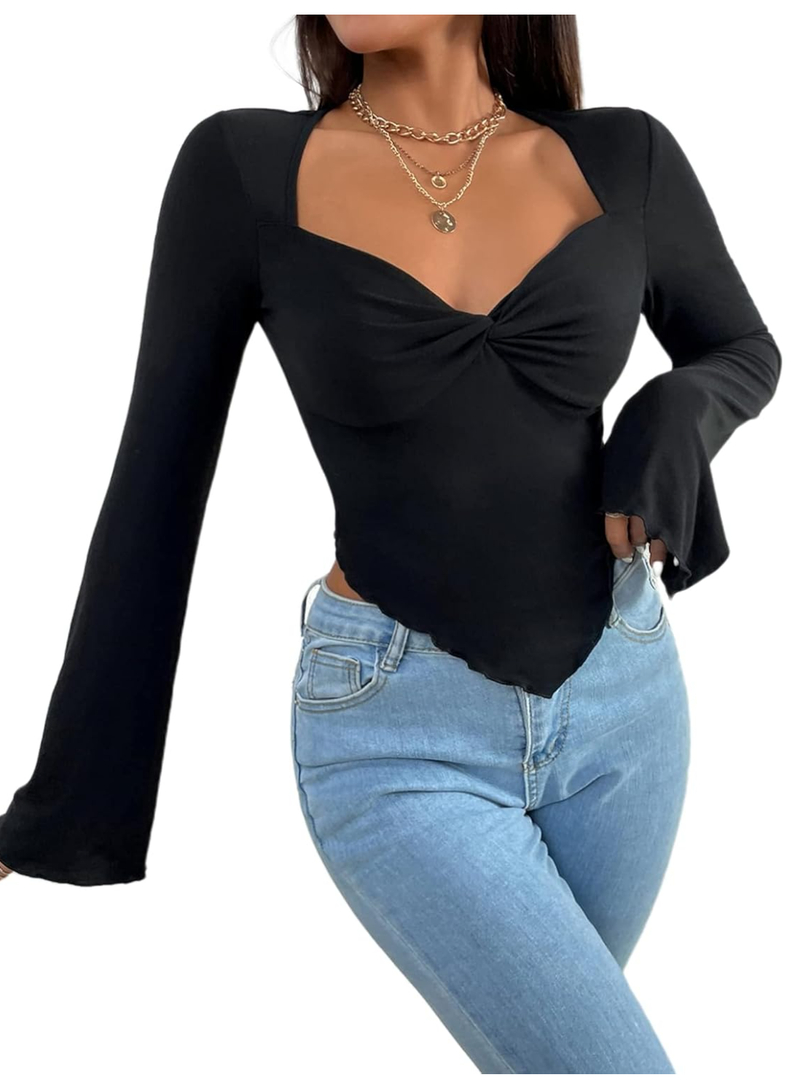 Women's Long Sleeve Square Neck Crop Top Twist Front Asymmetrical Shirt Black, XS