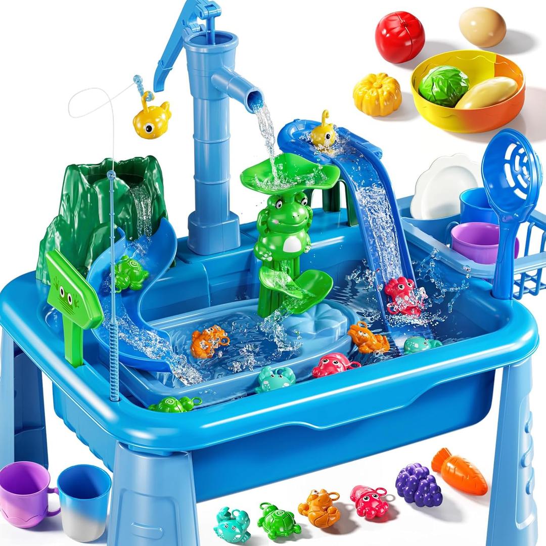 Water Table for Toddlers 1-3- Kids Play Sink with Pump and Running Water, Water Table for Kids Ages 4-8 with Fishing Games, Summer Outside Sensory Gift Toys for Boys and Girls 2 3 4 5 6 7 8