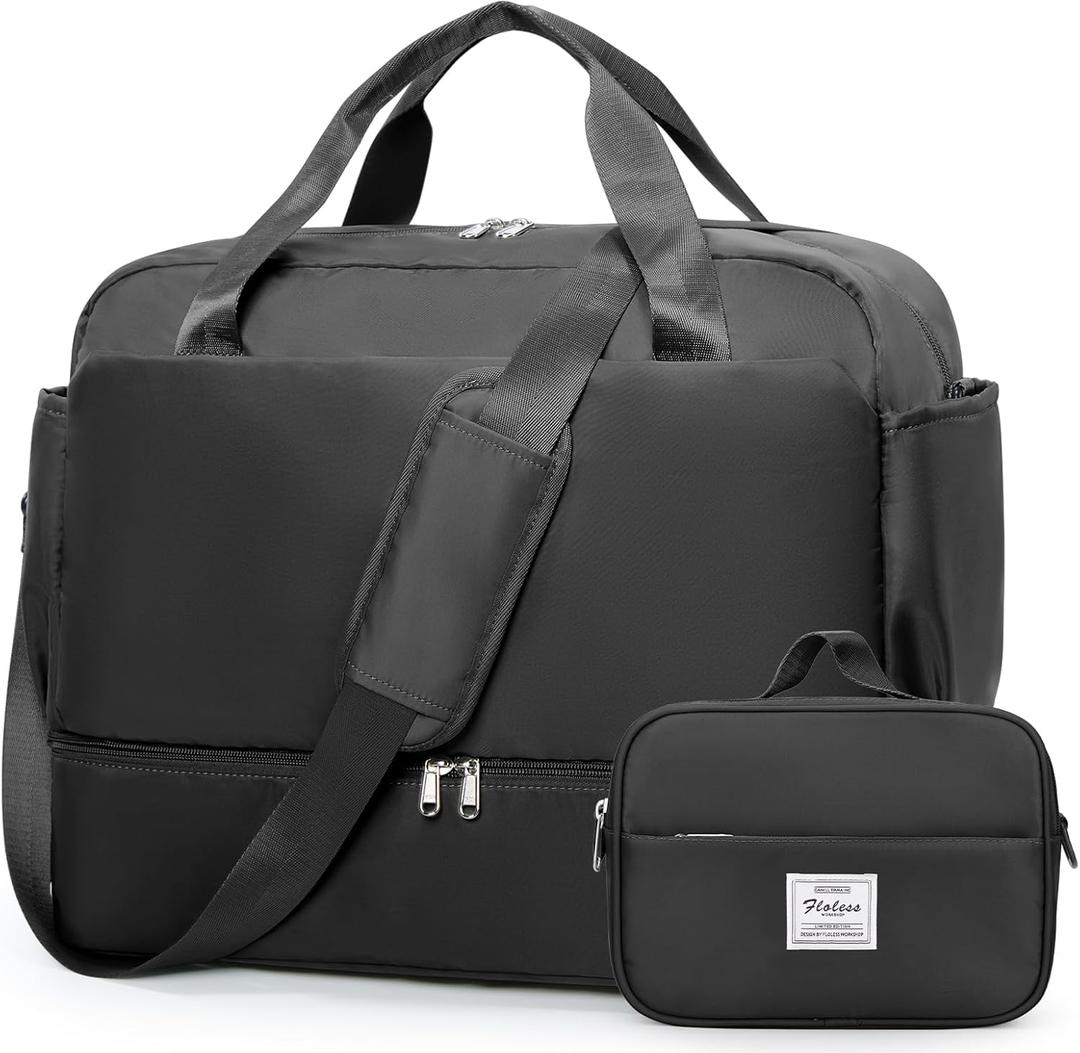 Travel Duffel Bags for Women, Carry-on Overnight Weekender Bag with Wet Pocket & Toiletry Bag, For Spirit Airlines 18x14x8 Personal Item Bag (Black)