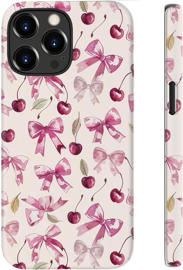 for iPhone 16 Pro Case Cute - Wireless Charging Compatible - Dual-Layer Hard Shell + Silicone Cover - Aesthetic Protective Trendy Phone Case for Women - Coquette Cherry & Bows Ribbons