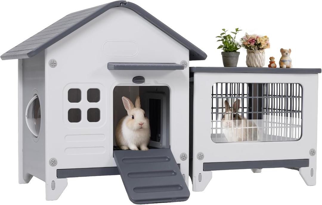 Rockever Plastic Rabbit Cage Outdoor Indoor, Waterproof Rabbit Hutch-Leak-Proof Pull-Out Tray&Chew-Proof, Bunny Cage Guinea Pig Cages with Run, Easy-Clean & Ideal for Small Animal(Grey)