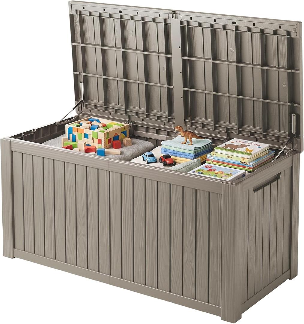 200 Gallon Outdoor Deck Box Waterproof, Large Storage Box for Patio, Resin Storage Bench Lockable for Garden Tools, Package Delivery, Grey