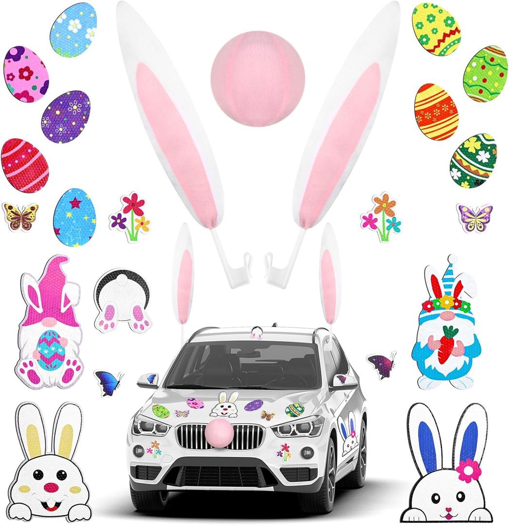 21 Pcs Easter Bunny Car Decorations Rabbit Ears Decorations and Egg Bunny Refrigerator Magnetic Stickers Spring Reflective Garage Magnet for Truck Vehicle Auto Easter Party Decorations