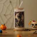 Skeleton Reader Halloween Glass Cup, Cute Halloween Spooky Gifts for Book Lovers, 16 oz Iced Coffee Tumbler Cup with Lid Straw, Book Themed Bookish Reading Gifts for Women Librarian Reader