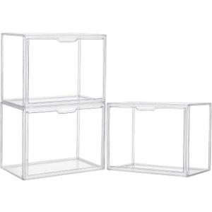 Acrylic Display Case 3 Pack Acrylic Box with Magnetic Door Clear Plastic Stackable Storage Bins with Lids Large , Figures Collectibles Display Bag Organizer, SANKEU