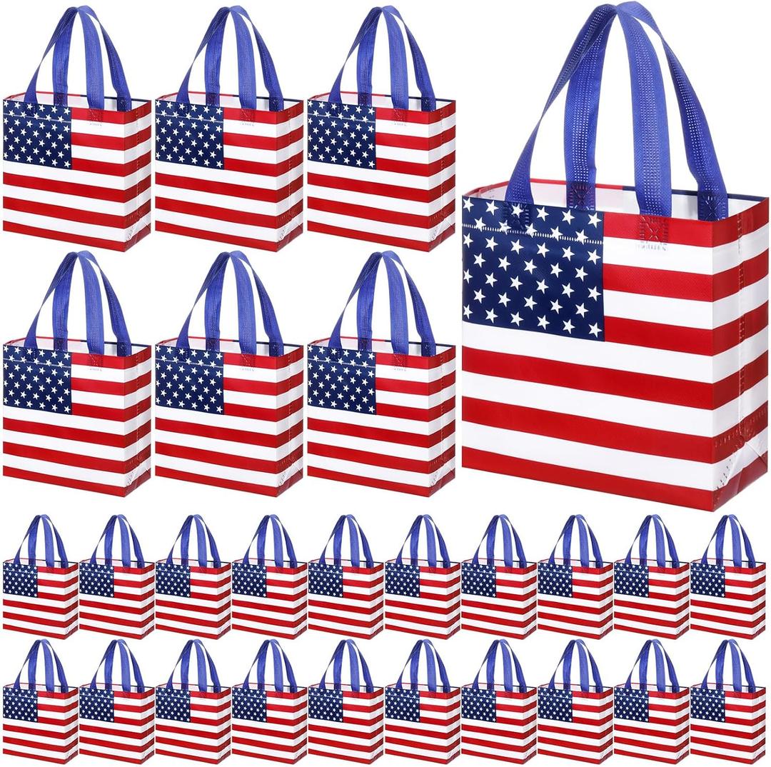 50 Pcs American Flag Gift Bag Bulk 4th of July Patriotic Reusable Tote Bags with Handle Stars and Stripes Print Non Woven Candy Bags for Independence Day Birthday Party Family Holiday Travel