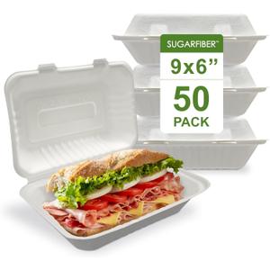 [50 COUNT]Harvest Pack 9 X 6" White Compostable Clamshell Food Containers, To go food container, Heavy-Duty Hinged Container, Disposable Bagasse Eco-Friendly Natural Sugarcane Takeout to go Box