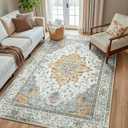 Area Rugs 5'x8' Washable Non-Slip, Floral Vintage Distress Print Pattern Medallion Carpet for Living Room Bedroom Dining Room, Light Yellow Carbon Grey Orange