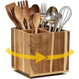 Wooden Utensil Holder for Kitchen Counter, Non-Slip Large Acacia Wood Organizer with 4 Compartments, 360 Rotating Cooking Utensil Holder