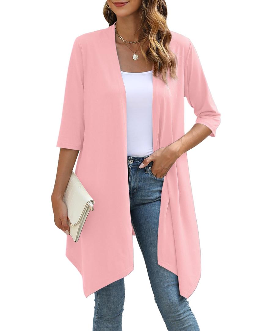 YSYOKOW Women's Open Front Cardigan Lightweight Soft Knit 3/4 Sleeve High-Low Draped Hem Loose Casual Duster(Pink, Small) (Pink, S)