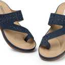 TEMOFON Women Summer Flip Flops Comfortable Wedge Sandals - Dressy Casual Slip on Sandals - Navy Blue Orthopedic Walking Sandals Size 5