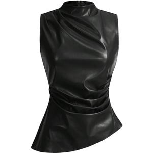 SHENHE Women's Mock Neck PU Leather Pleated Asymmetrical Sleeveless Fitted Dressy Tank Top (Black, XXL)