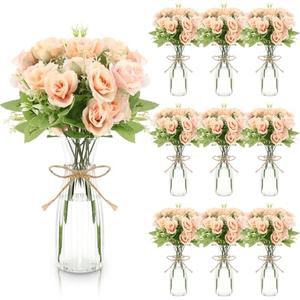 LemonRoad 31 Pcs Faux Flower Centerpieces for Tables Bulk Artificial Flowers with Vase 20 Bundles Silk Roses 10 Clear Vase with 1 Pcs Rope for Arrangement Decoration Wedding Home Party(Pink)
