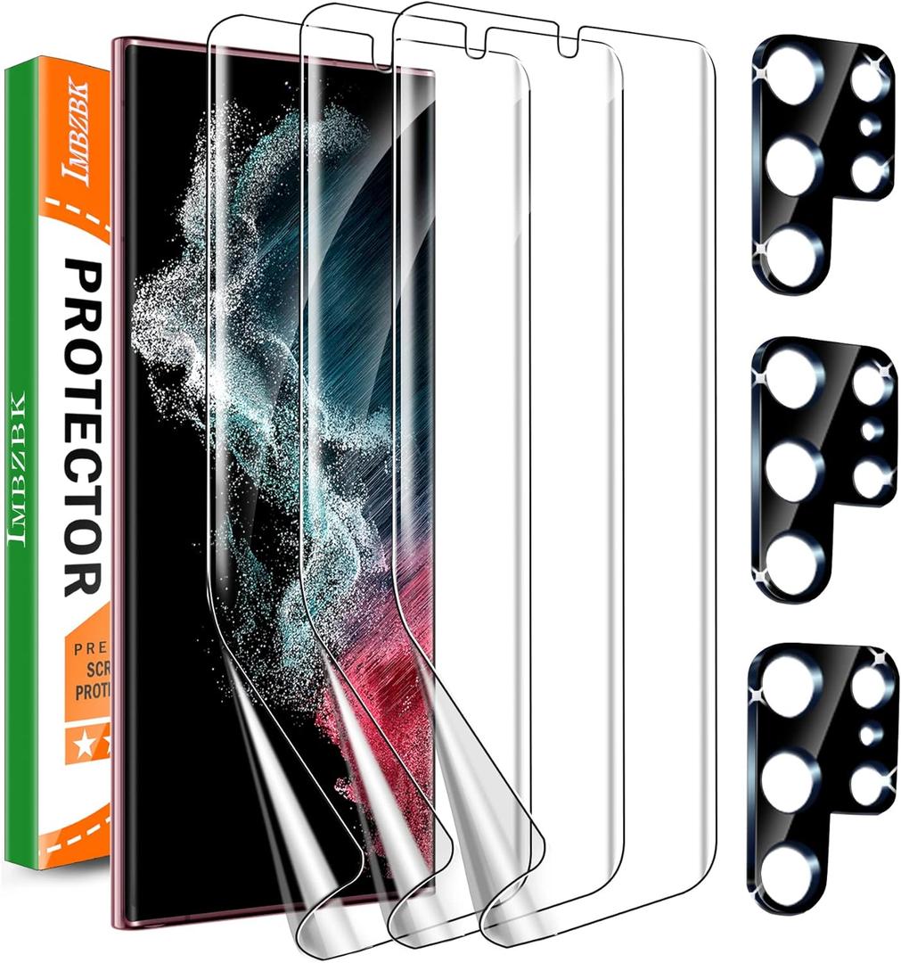 IMBZBK for Samsung Galaxy S22 Ultra 5G Screen Protector [Not Glass], 3 Flexible TPU Film with 3 Tempered Glass Camera Lens Protector, Fingerprint Suitable, Case Friendly [3+3 Pack]