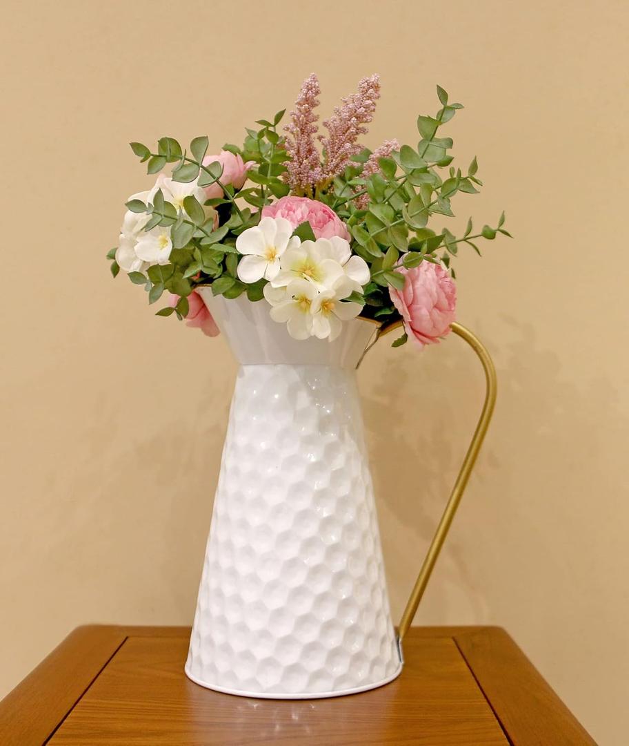 Elegant White Metal Decorative Flower Vase, Farmhouse Galvanized Pitcher, Rustic Milk Jug for Home Decor