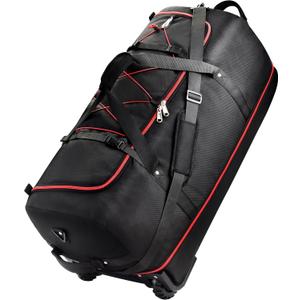 Rolling Duffle Bag with Wheels,110L/140L Expandable Soft-Sided Foldable Duffle Bag with 2 Rubber Wheels,Packable 32 Rolling Carry-On with Multi-Pockets & Compartments (black red)