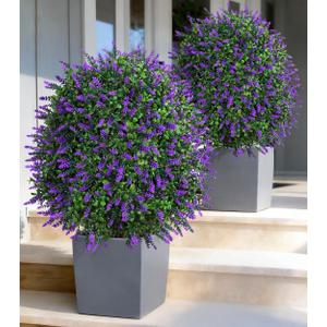 HyeFlora 26'' Artificial Boxwood Topiary Trees with Lavender 2 Pack Fake Plants for Outdoor Indoor Artificial Shrubs with Metal Ground Spike UV Resistant Fake Bushes for Front Porch Garden, Purple