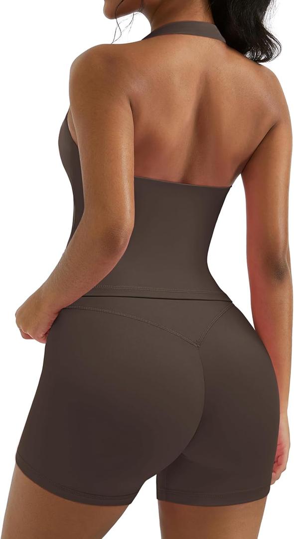 OMKAGI 2 Piece Workout Sets for Women Halter Sports Bra Tank Gym Biker Shorts Outfits (Small, Dark Brown)