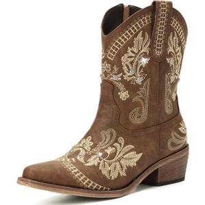 Rivalran Brown Cowboy Boots for Women - Western Cowgirl Boots With Classic Embroidered Sparkly Rhinestone, Pointed Toe Chunky Heel Pull on Short Booties, Ankle High Vintage Booties for Ladies Size 8