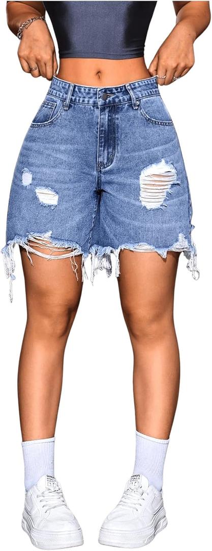 MakeMeChic Women's Ripped Raw Trim Jean Shorts Drop Waist Casual Bermuda Denim Shorts (26)