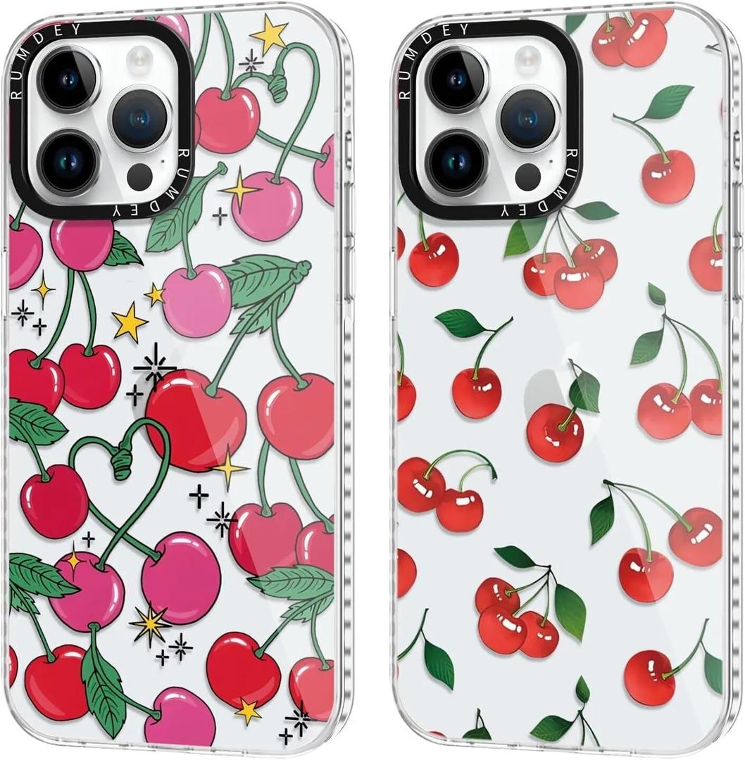2 Pack Cute Coquette Cherry Print for iPhone 13 Pro 6.1" Phone Case, Transparent Aesthetic Design Clear Cases Soft Silicone TPU Shockproof Protective Fundas for Women Girls(Red Cherry Print)
