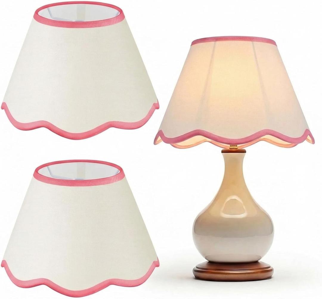 VIHOSE 9.4'' Bottom x 5.9'' High x 5.1'' Top Set of 2 Beige Lamp Shade with Petal Edge, Fabric Chandelier Scalloped Lampshade, for Floor Wall Lamps Table Bedroom Living Room (Pink Edge)