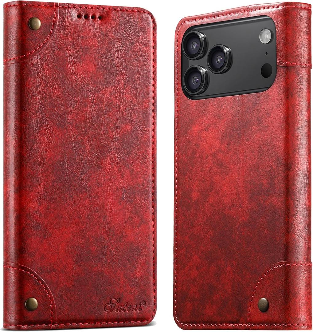 SINIANL Wallet Case for iPhone 17 Pro with Card Holder, Magnetic Kickstand Leather Flip Fold Protective Cover for Apple 17 Pro Case Wallet Red