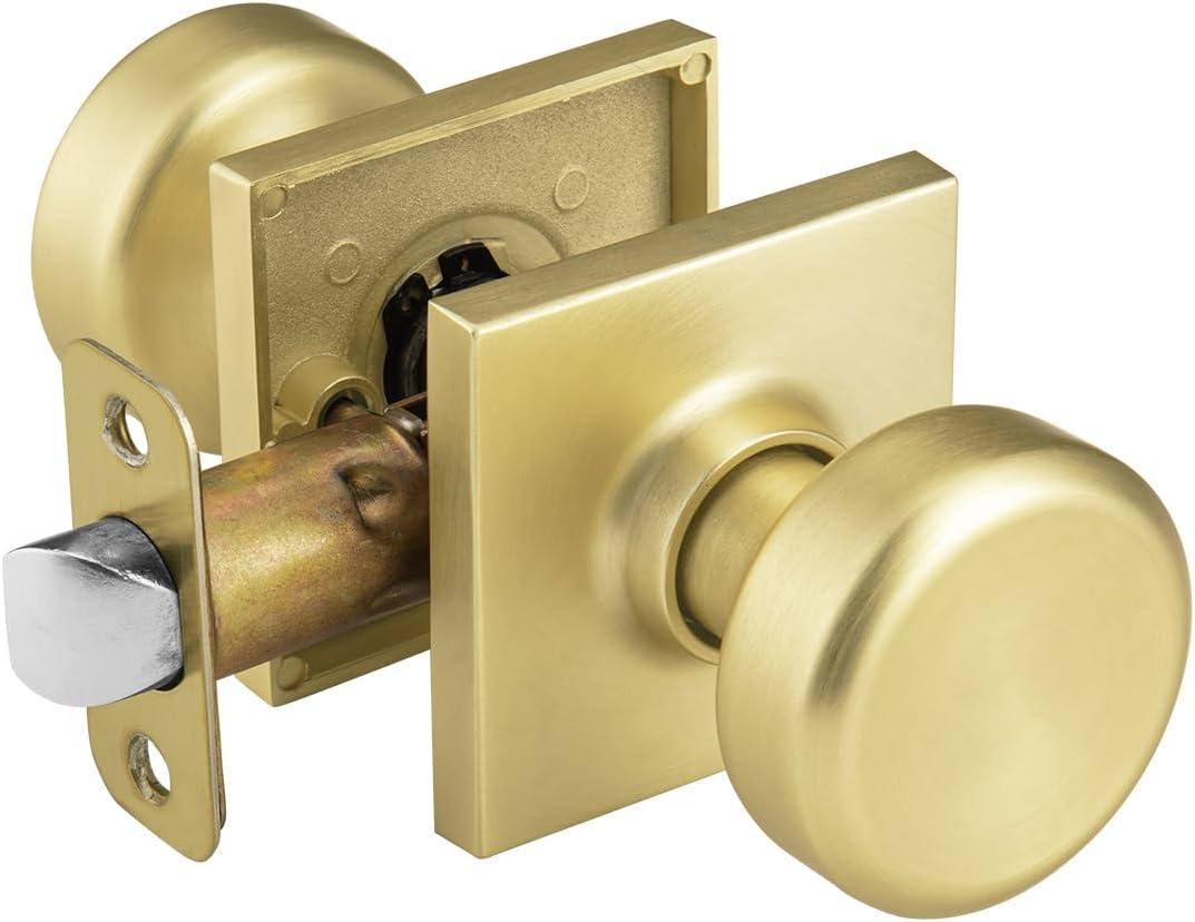 Gold Interior Door Knobs for Hall & Closet, Pismo Doorknob with Square Rosette, Heavy Duty Passage Door Handle for Satin Brass