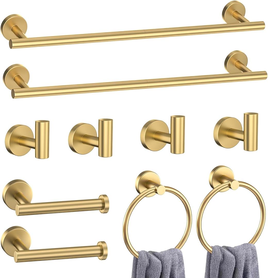 10-Piece Gold Bathroom Hardware Accessories Set-Brushed Gold Towel Bar Set,SUS304 Stainless Steel Towel Rack Set for Bathroom-Wall Mounted,23.6-Inch Towel Holder Set