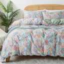 Zusbest Pink Green Duvet Cover Set King Size 100% Percale Cotton Paisley Comforter Cover Floral Printed Watercolor Bedding Luxury Crisp Soft Reversible Colorful Bedding 3Pcs, King